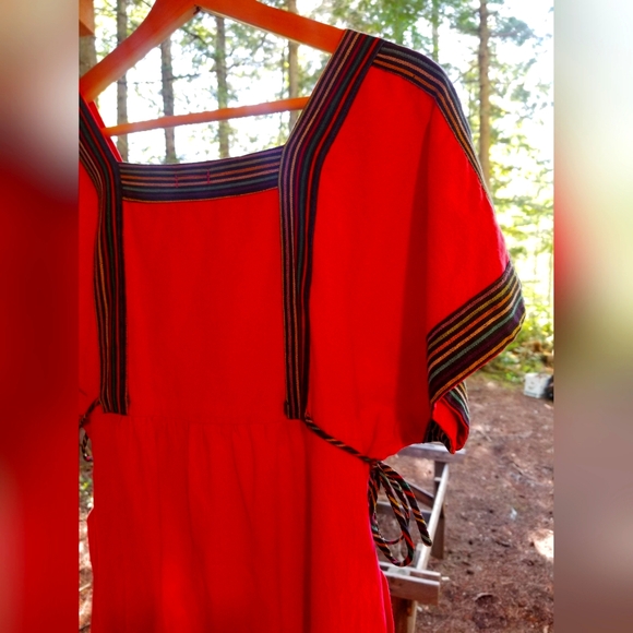 Summer Dress Red Embroidered Maxi Short Sleeve Square Neck Thailand Cotton Med - Picture 13 of 14